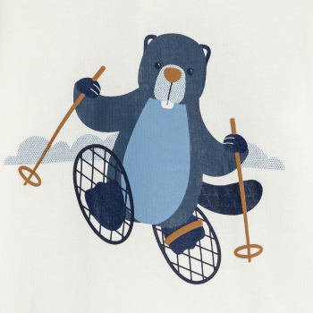 تيشيرت برقبة عالية وأكمام طويلة برسمة حيوان القندس باللون الأبيض للأولاد الصغار